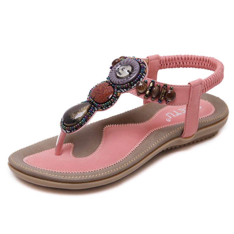 Ethnic Style Sandals Women Thailand Travel Beach Bohemian Retro Beaded Large Size Flat Shoes