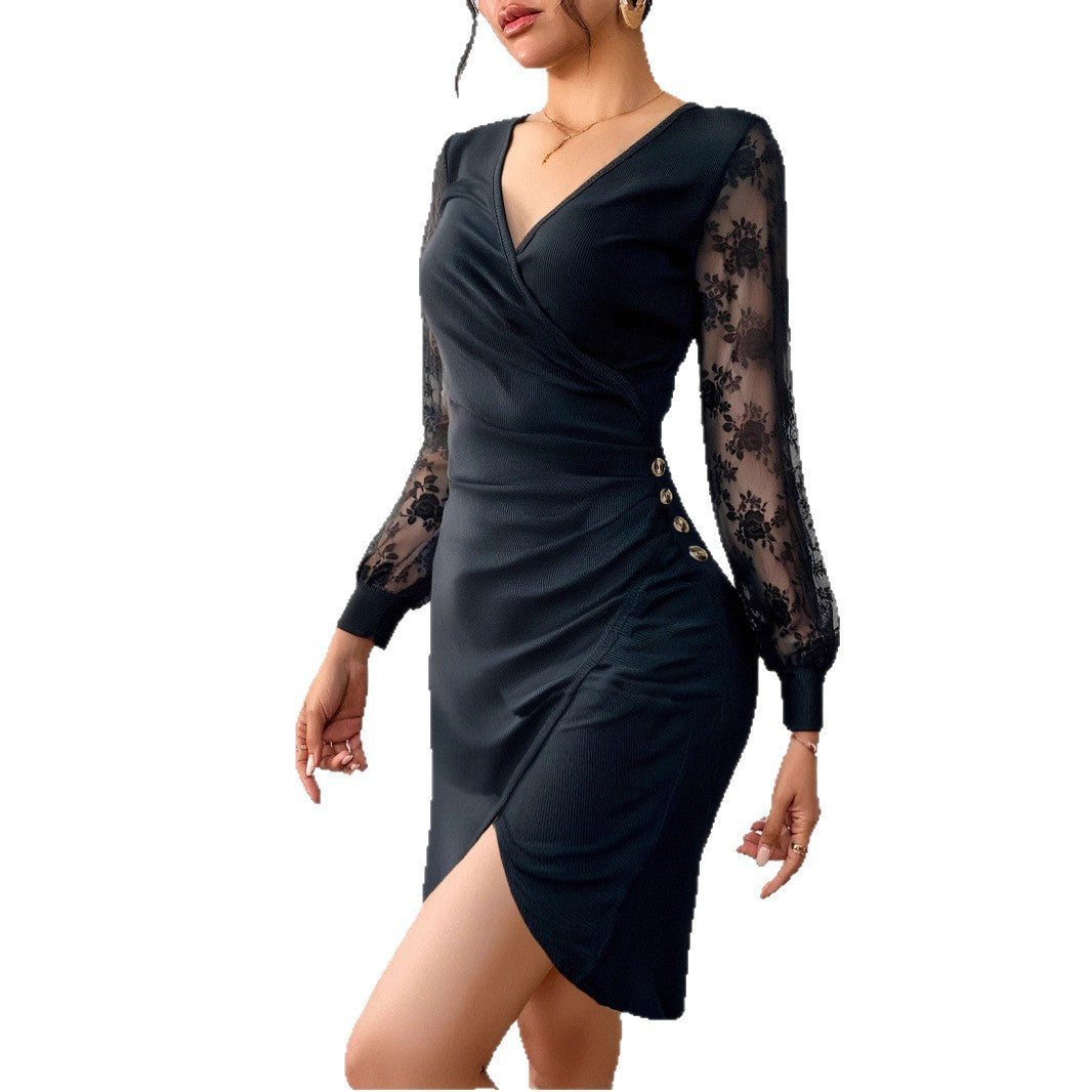 Womens Slim-fit Lace Long-sleeve Dress