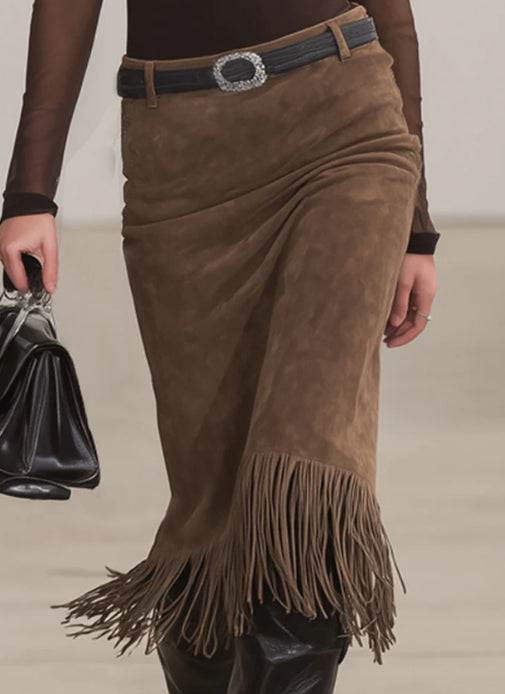 High-neck Embroidered Long-sleeved T-shirt And Faux Suede Tassel Skirt Set