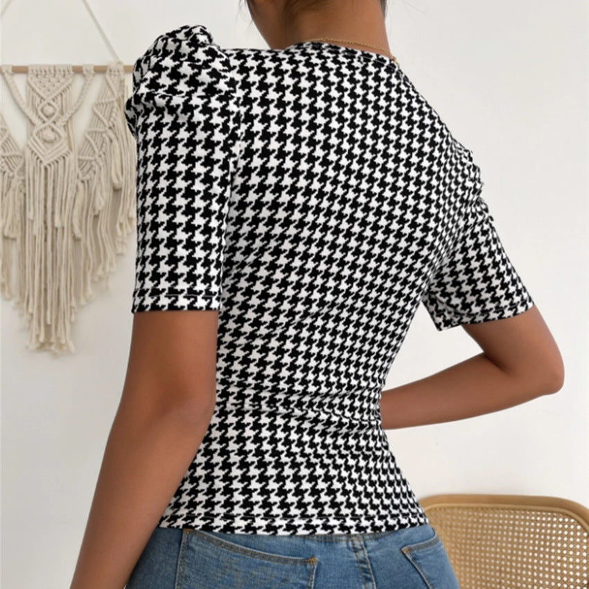 Stand-up Low-cut V-neck Slim Thousand Bird Lattice Short-sleeved T-shirt