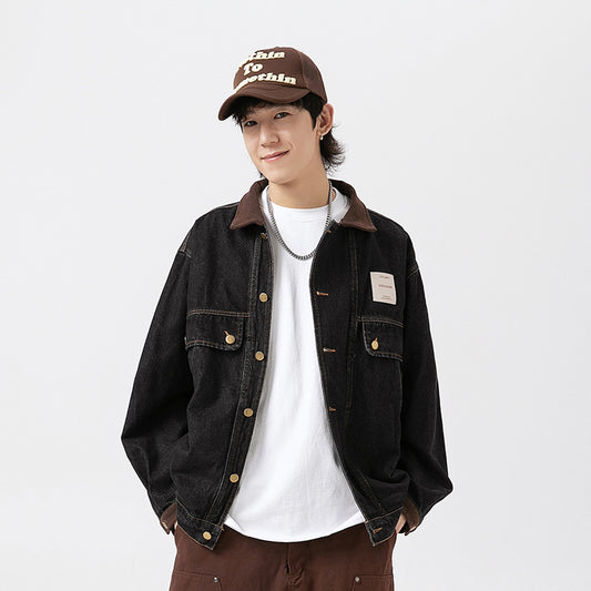 Color Stitching Turnover Neck Profile Pocket Denim Jacket