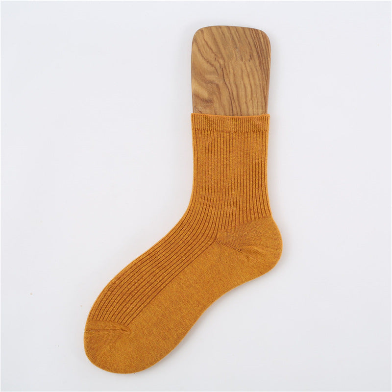 Japanese Retro Solid Color Double Needle Women's Mid-tube Cotton Socks