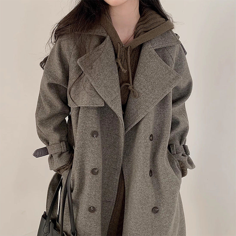 Double Breasted Lace-up Waist-controlled Slimming Mid-length Woolen Coat