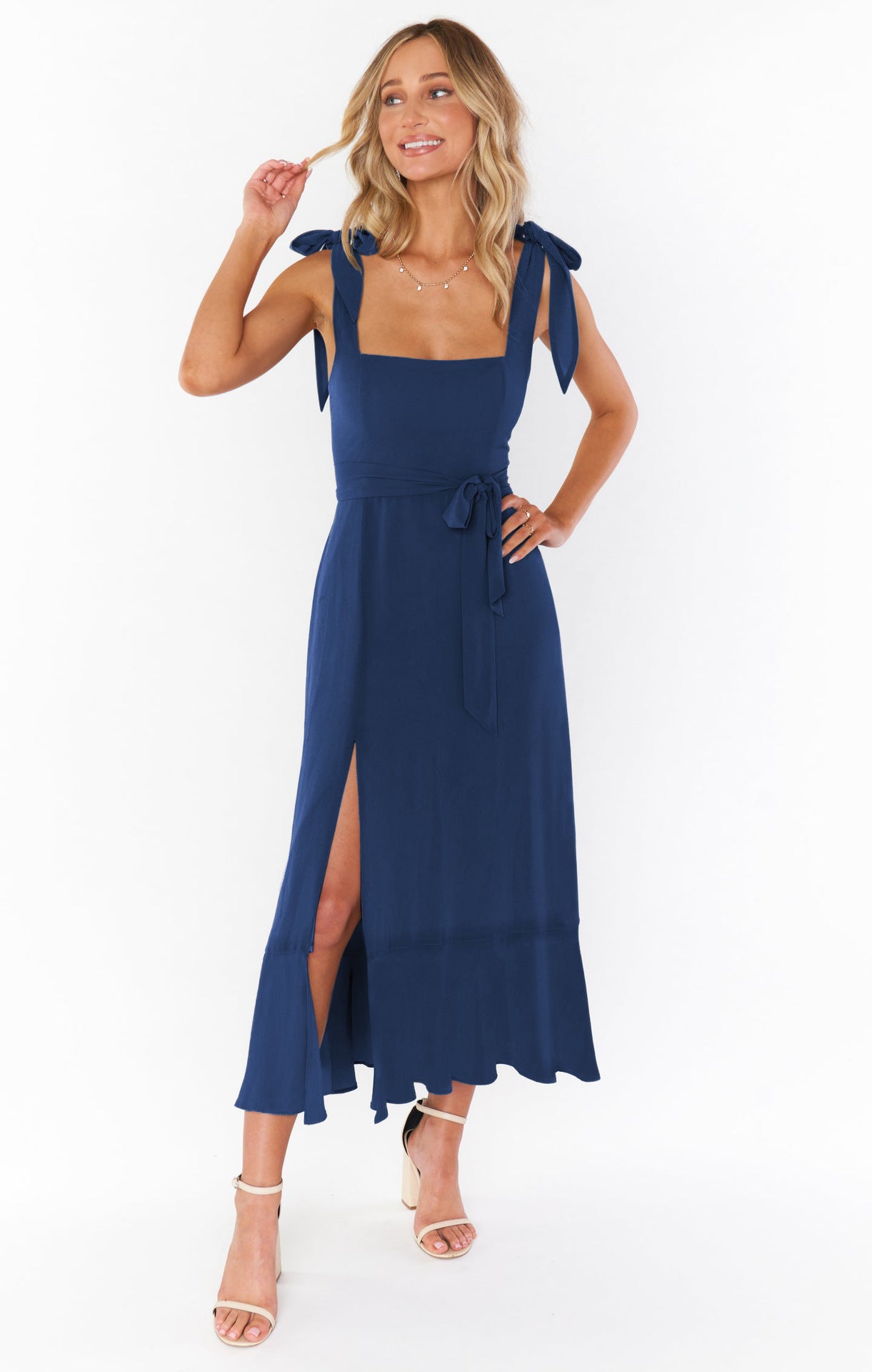 Temperament Suspender Split Dress with Lace-Up Design Fashion Summer Ruffled Beach Dresses for Women