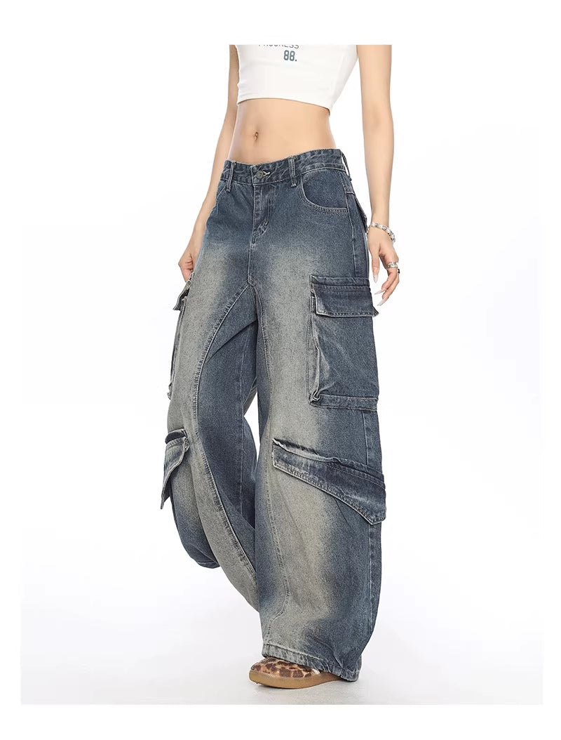 Washed Multi-pocket Denim Matchet Pants