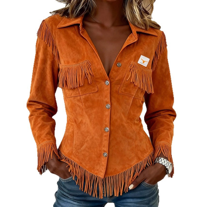 Brown European And American-style Suede-velvet Cardigan With Tassels And Long Sleeves