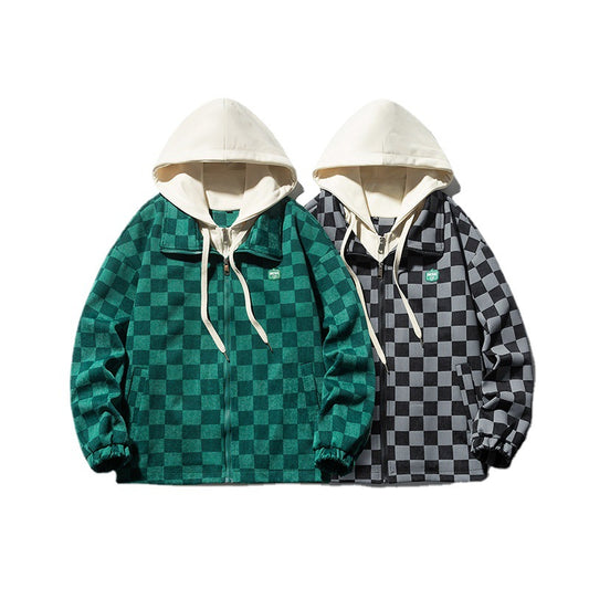 Men's Chessboard Plaid Printed Hooded Loose Casual Jacket