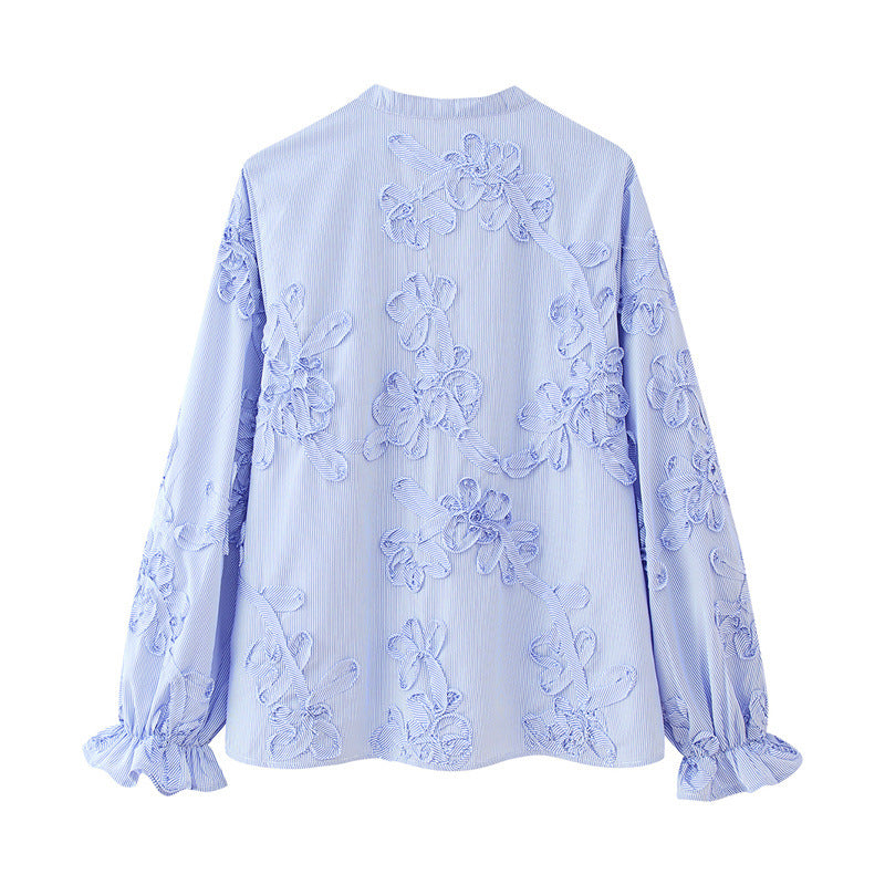 Textured Striped Plate Floral Poplin Long Sleeve Shirt