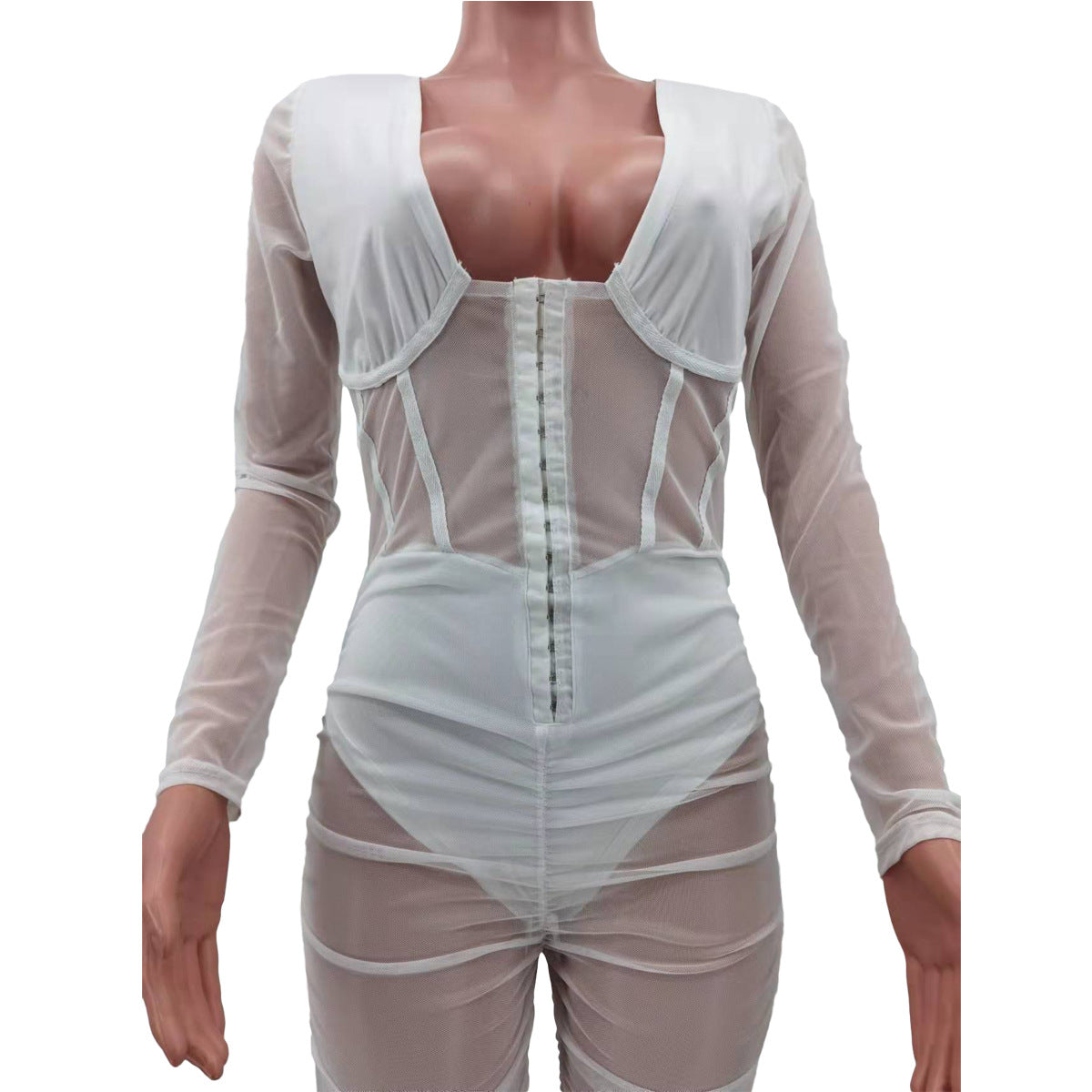Mesh Panel Pleated Chest Wrap Casual Jumpsuit