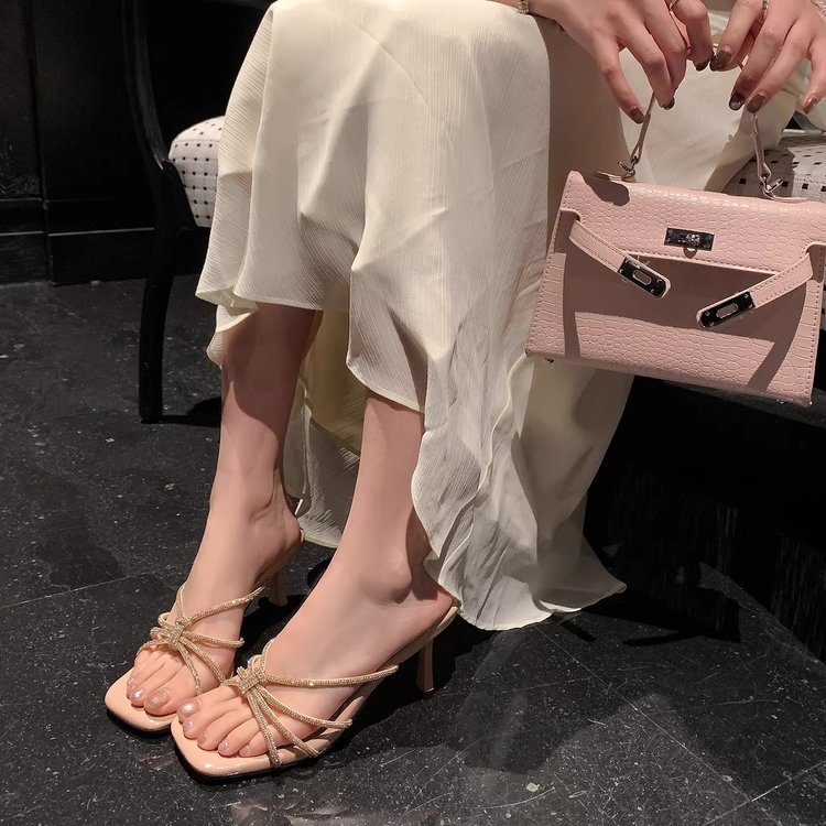 Summer New Arrival European And American Style Open Toe Square Toe Multi-Row Rhinestone Stiletto Women's High Heel Sandals