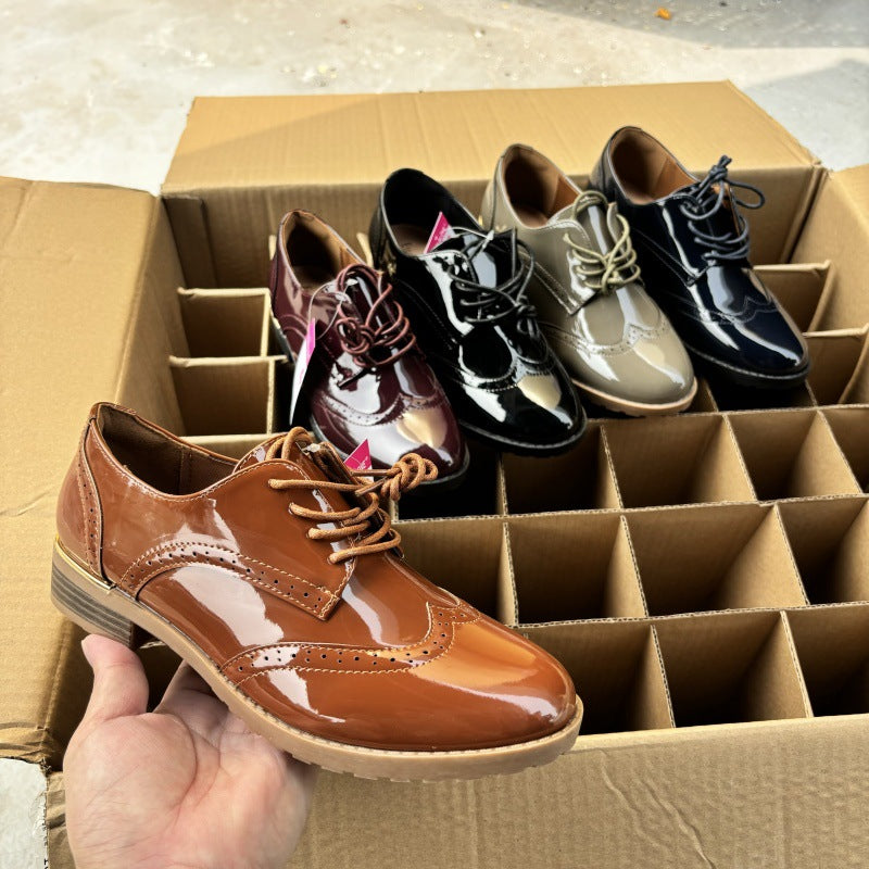 Women's Simple British Style Drawstring Patchwork Glossy Leather Shoes