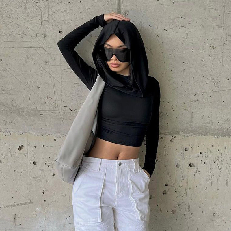 Solid Color Swing Collar Off-shoulder Hooded Top