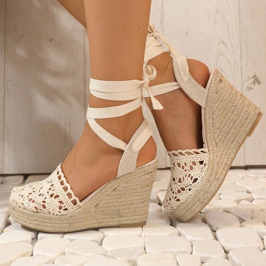 Women's Straw Woven Wedge High Heels Lace Lace-up Sandals