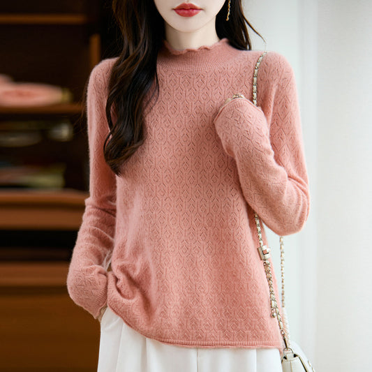Women's Pure Wool Sweater Half-height Wooden Ear Collar Sweater