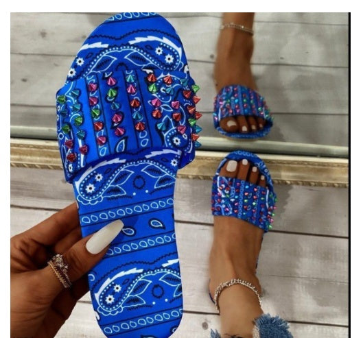 European And American New Style Printed Toe Flat Rivet Casual Sandals And Slippers