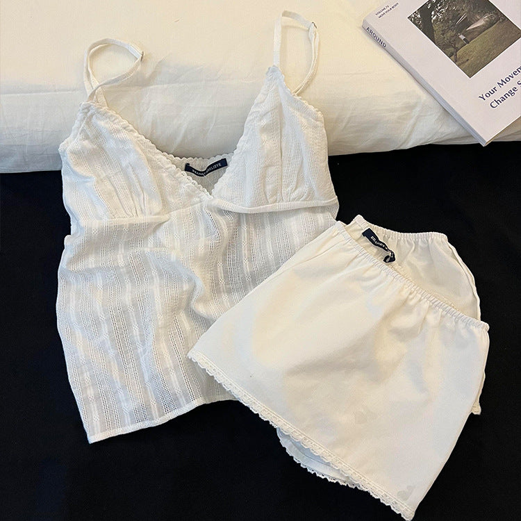 Home Simple Slim Fit White Suspender Pajamas For Women