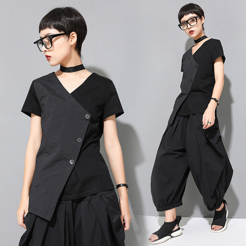 Summer New Women's Short Sleeve Slim Fit V-neck Stitching Personality Wrong Top