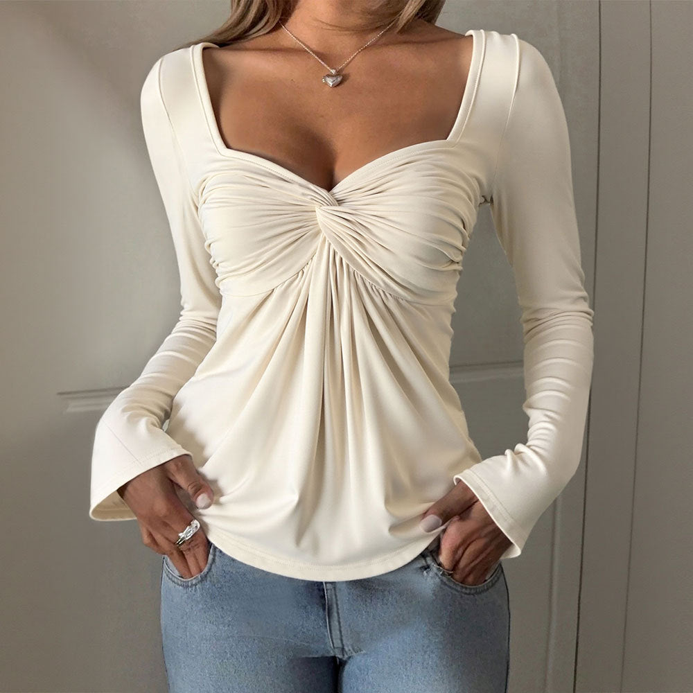 V-neck Long-sleeved Elegant Casual T-shirt Solid Color Pullover Ruffled Top