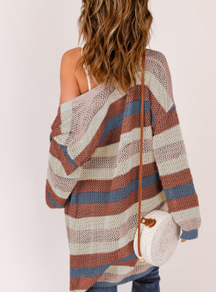 Blue Striped Color Block Hollowed Knit Cardigan