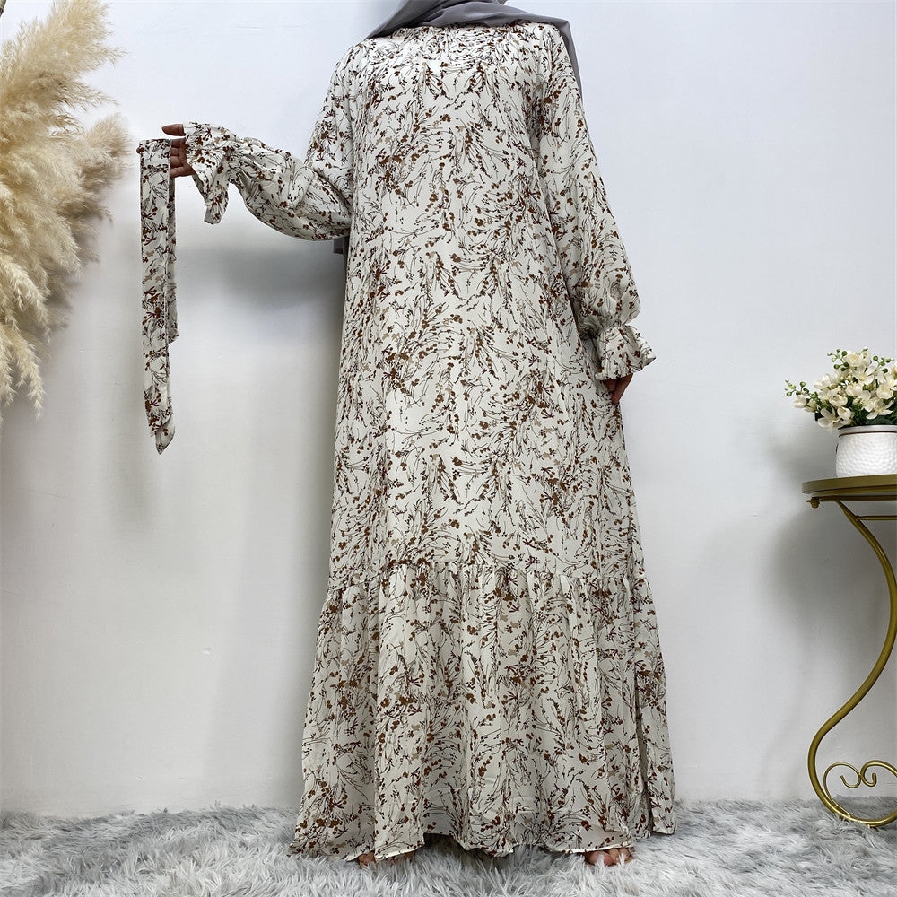 Printed Flare Sleeve Lining Fashion Chiffon Dress