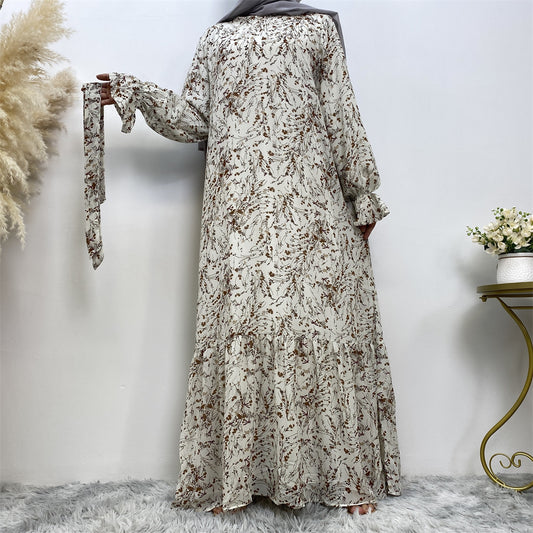 Printed Flare Sleeve Lining Fashion Chiffon Dress