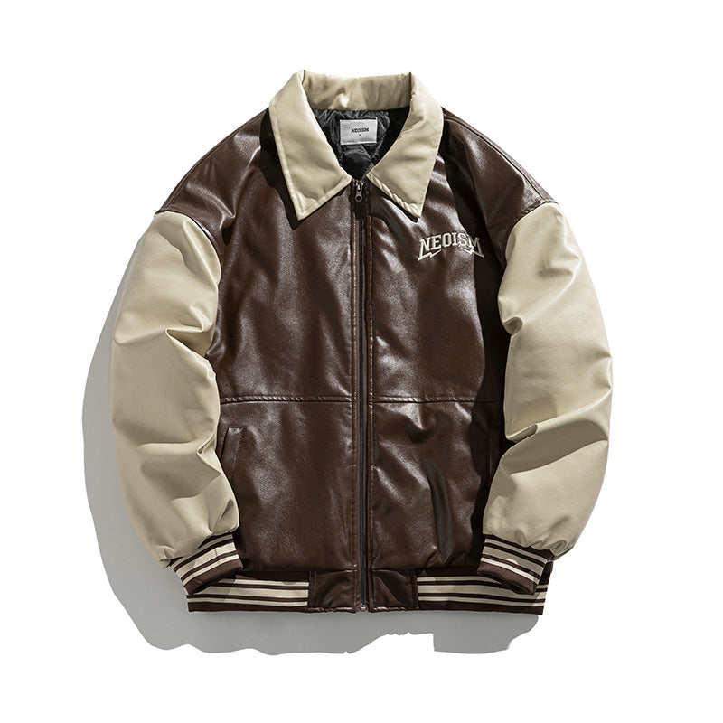 American-style Retro Street Letters Embroidered PU Leather Cotton Jacket For Men