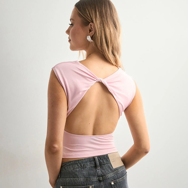 Europæisk og amerikansk ensfarvet off-neck rygløs slim fit T-shirt-top