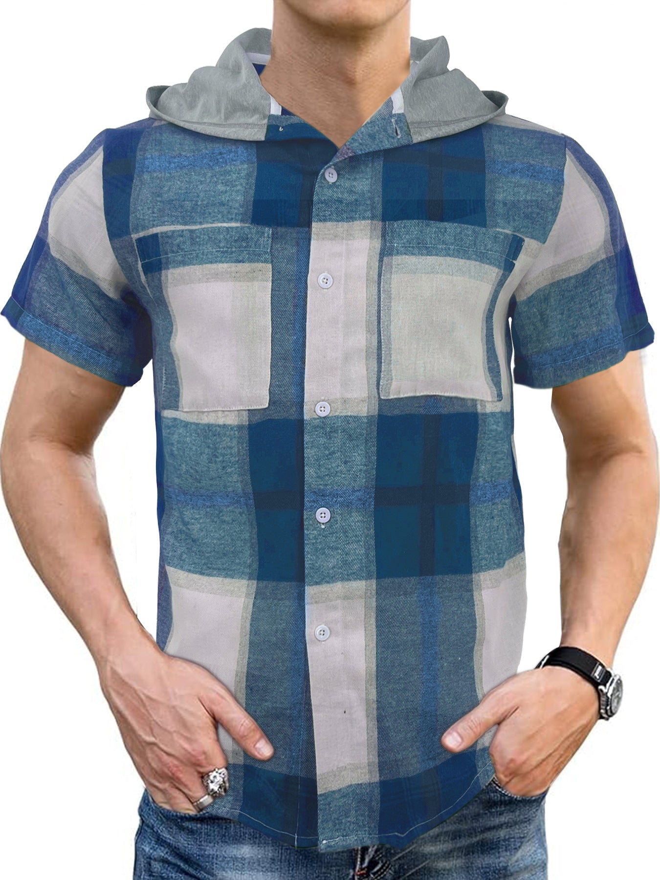 Casual Hooded Business Men's Short-sleeved Plaid Shirt