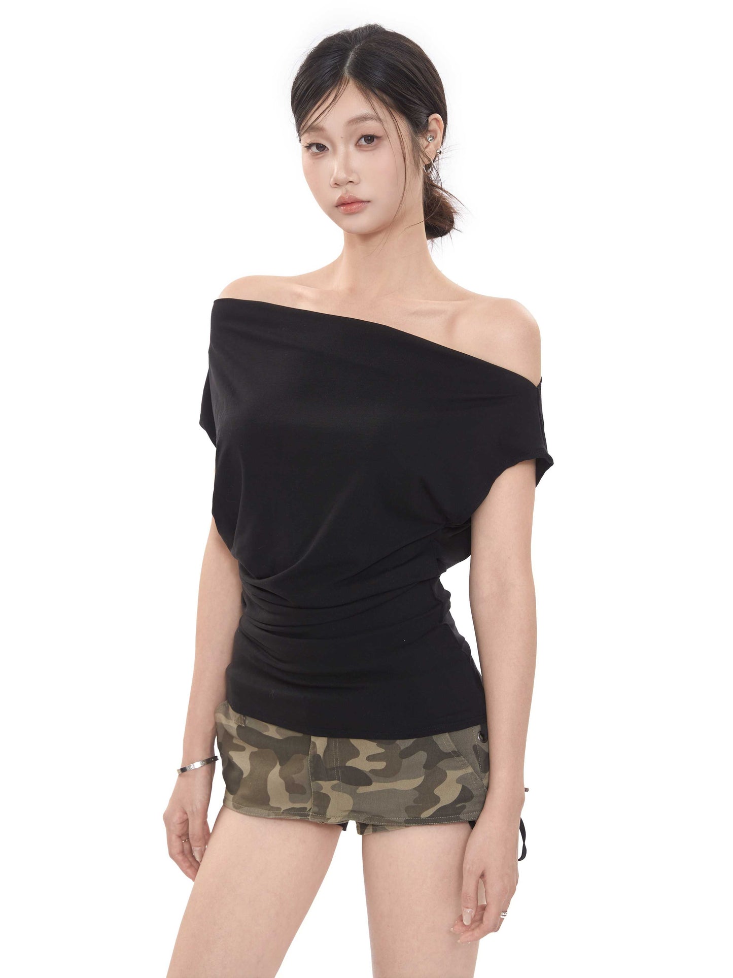 Short-sleeved Women's T-shirt Slim-fit Slimming Off-shoulder Top