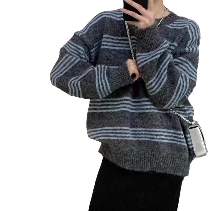 Outer Wear Inner Wear Idle Style Round Neck Long Sleeve Top Stripes