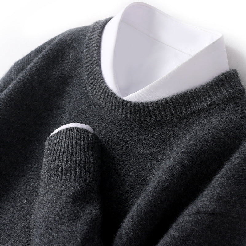 Mænds tykke pullover fåreuldssweater løs rundhals ensfarvet sweater