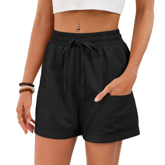 Solid-color Pocketed Drawstring Elastic-waist Loose-fitting Shorts For Women