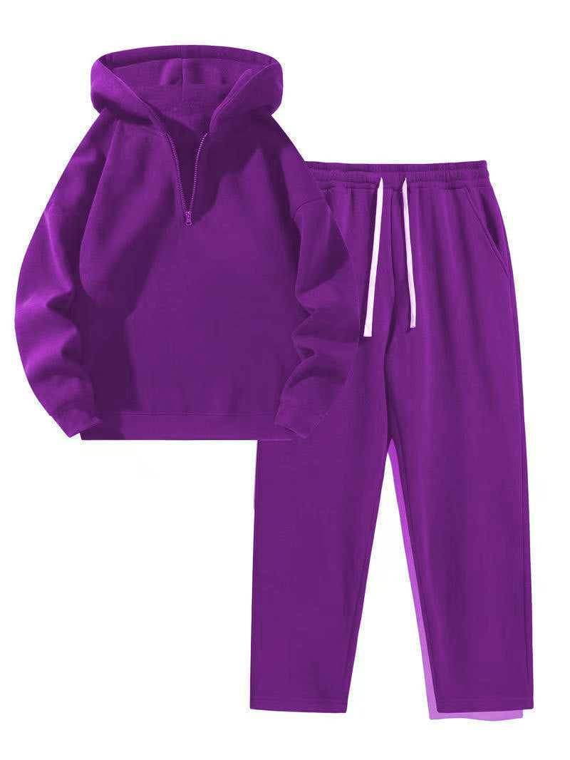 Women's Casual Lapel Half-zip Sweatshirt And Wide-leg Pants Set