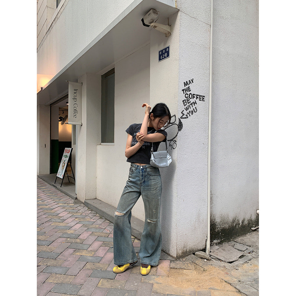 Retro Make Old Ripped Straight Casual Pants Women's High Street Slimming Jeans