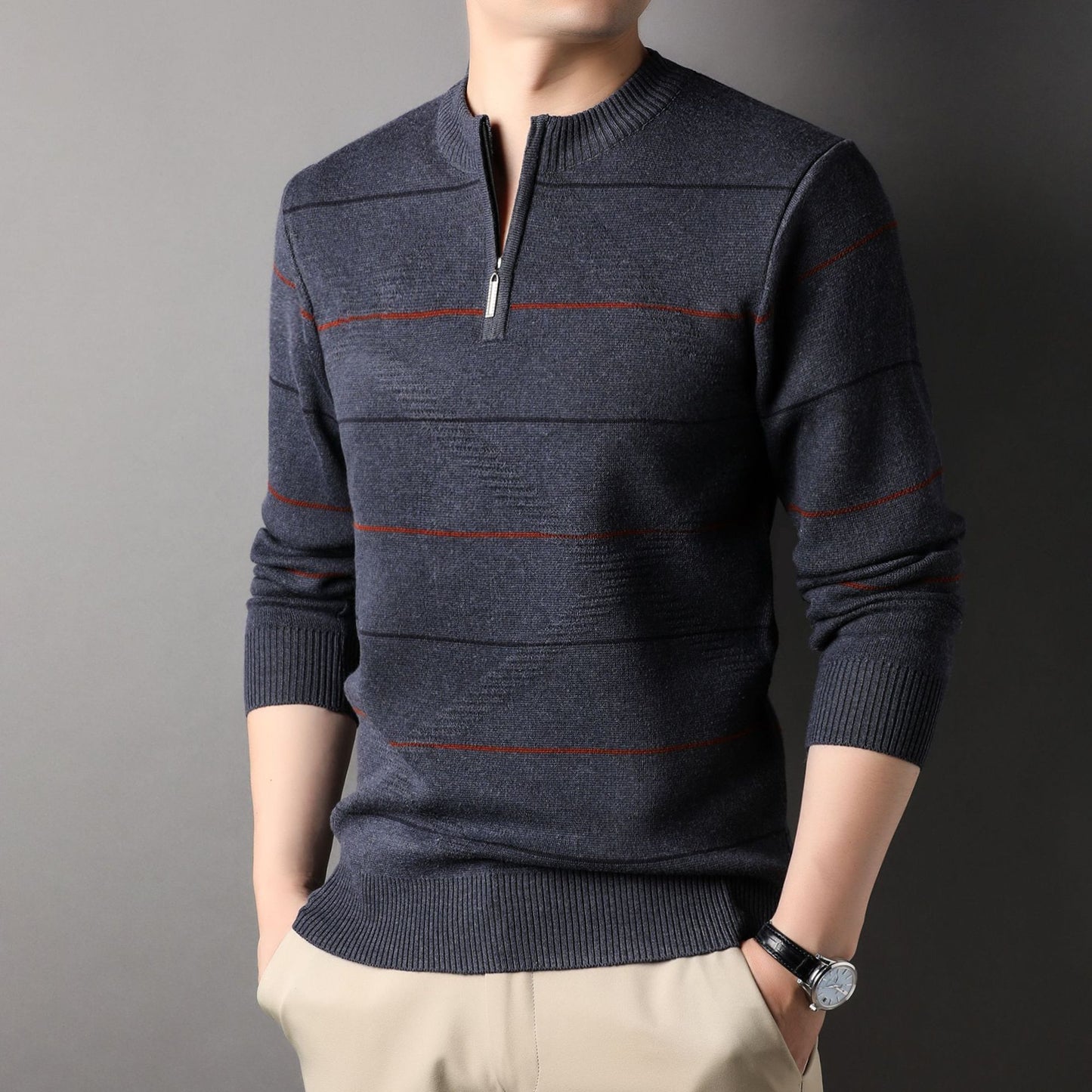Zippered Mock-neck Knit Sweater With Striped Long Sleeves