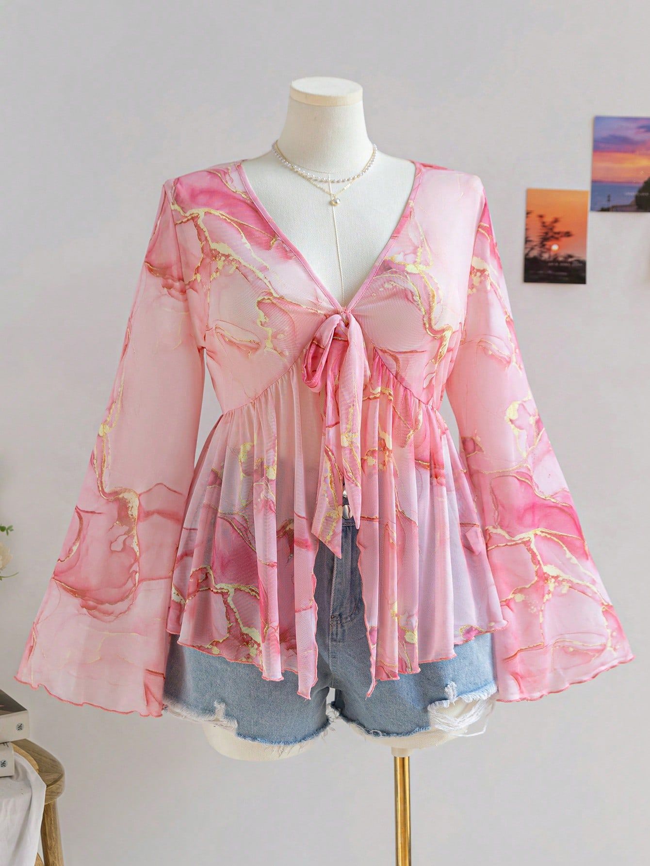 V-hals Mesh Print Ferie Stil Top til Kvinder