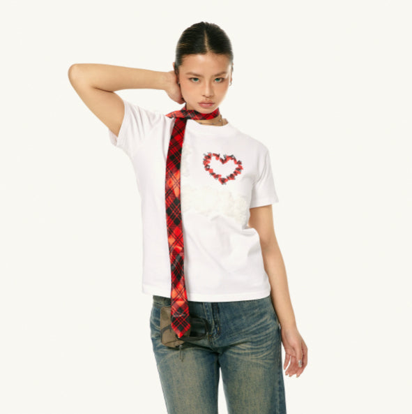 Plush Decoration Love Embroidered Short-sleeved Cotton Casual Shoulder Top