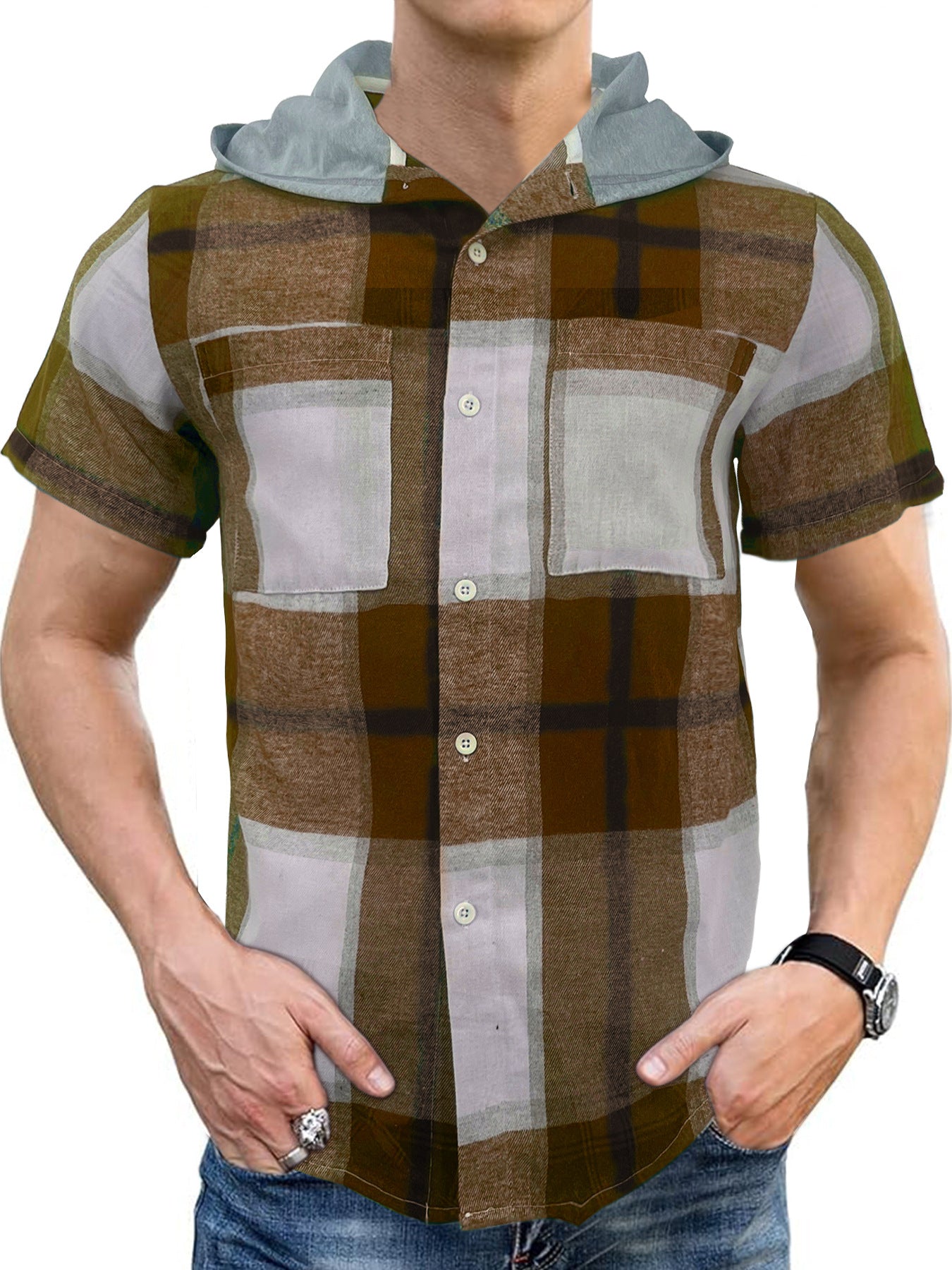 Casual Hooded Business Men's Short-sleeved Plaid Shirt