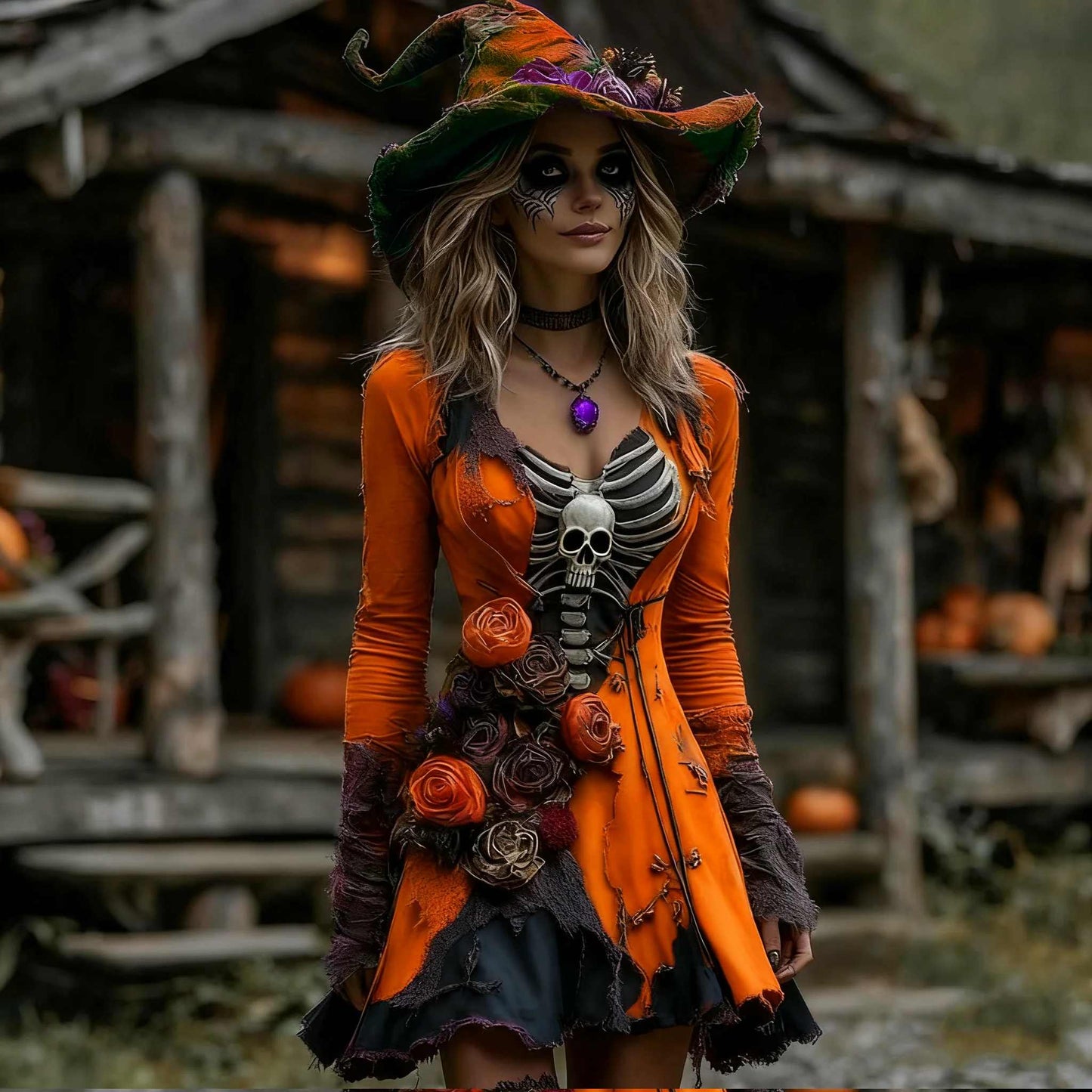 Womens Crew-Neck Long-Sleeve Halloween Funny Sweater Dress