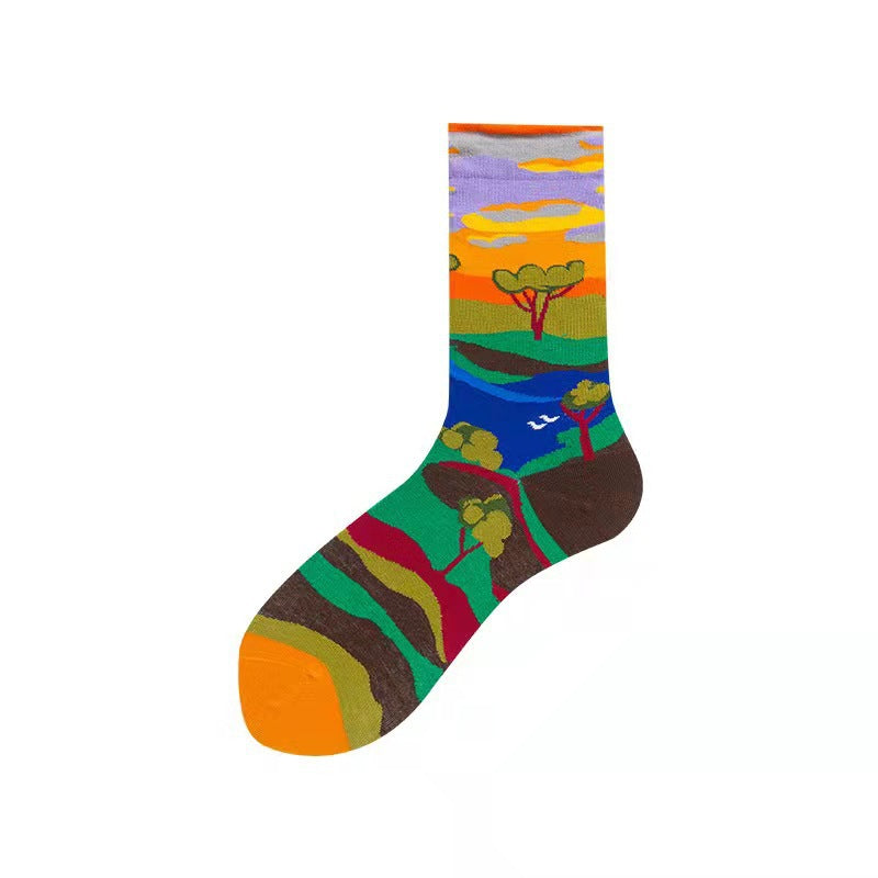 Trendy Mid-calf Length Socks Preppy Style Stockings Artistic Illustration Socks