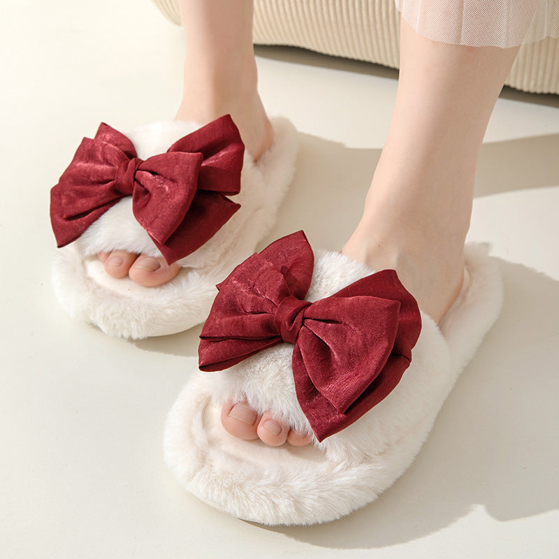 Bow Opening Cotton Slippers Home Plush