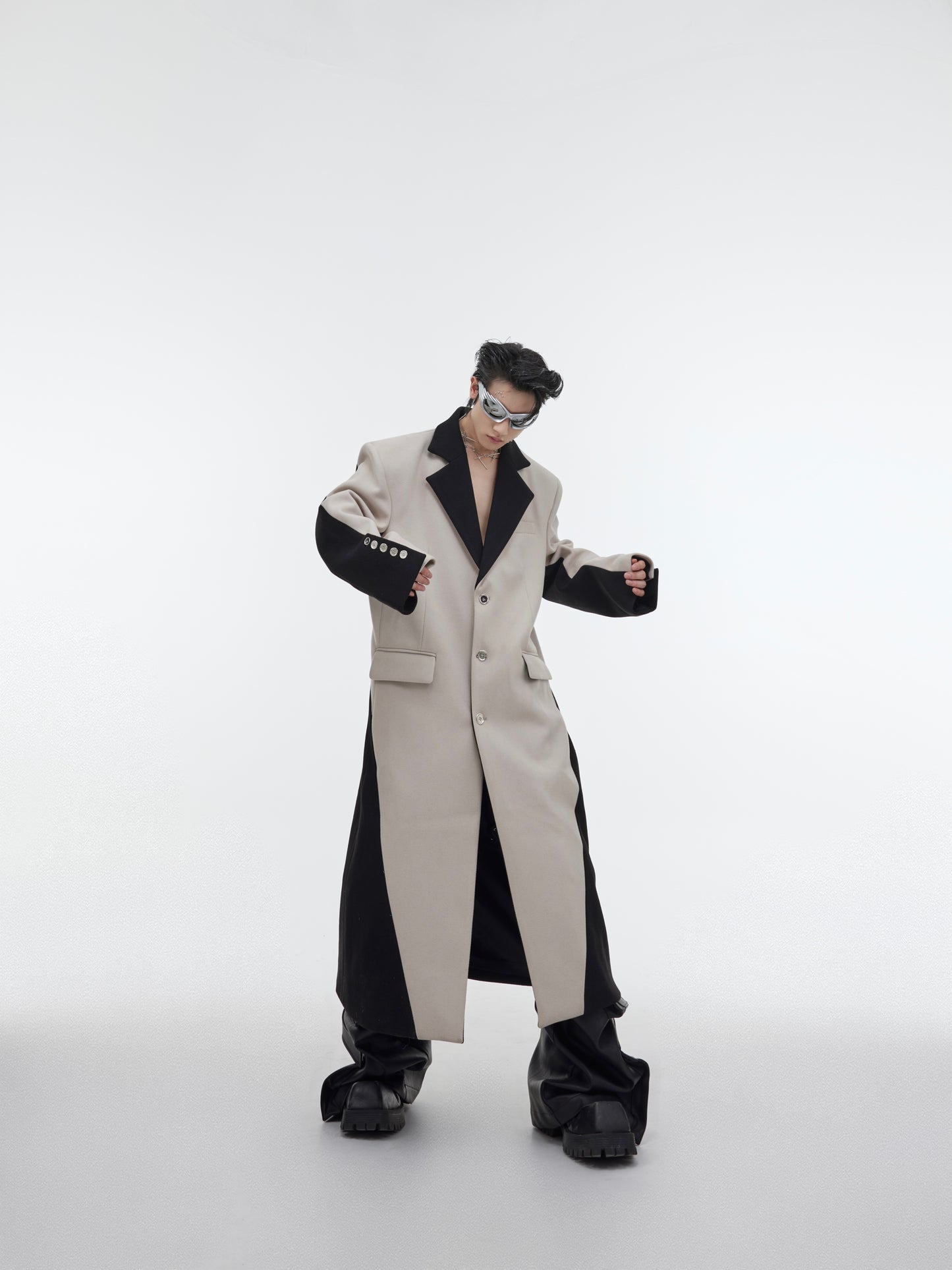 Contrast Color Patchwork Long Knee Length Woolen Coat