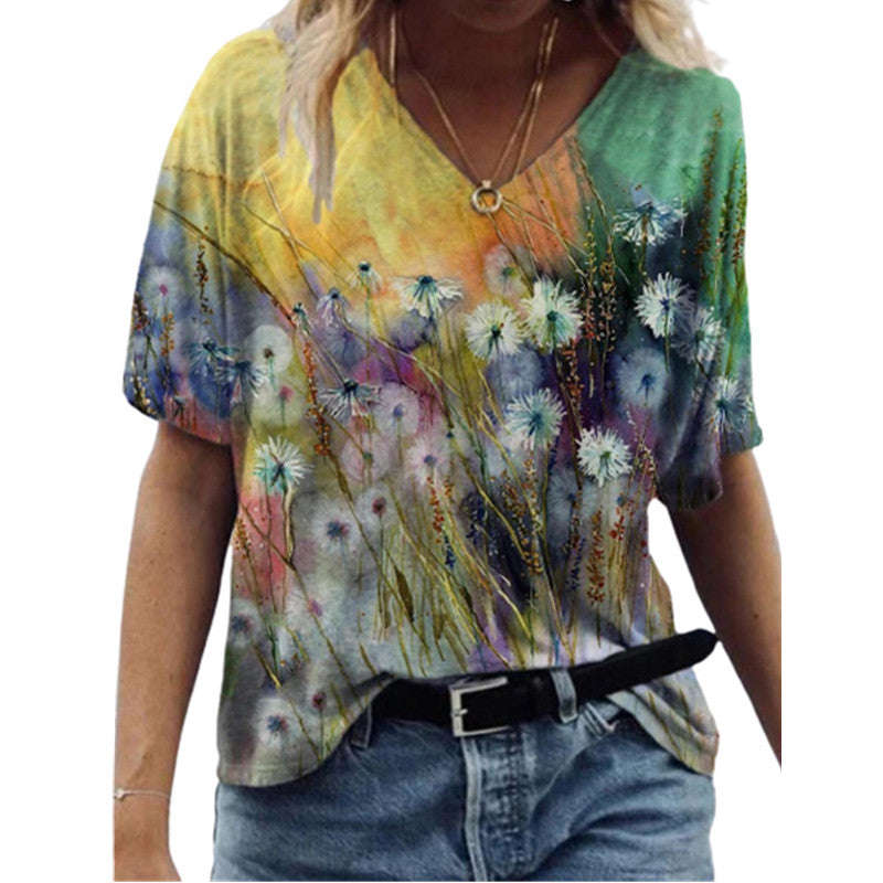 Butterfly Print Short Sleeve V-neck Ladies Loose