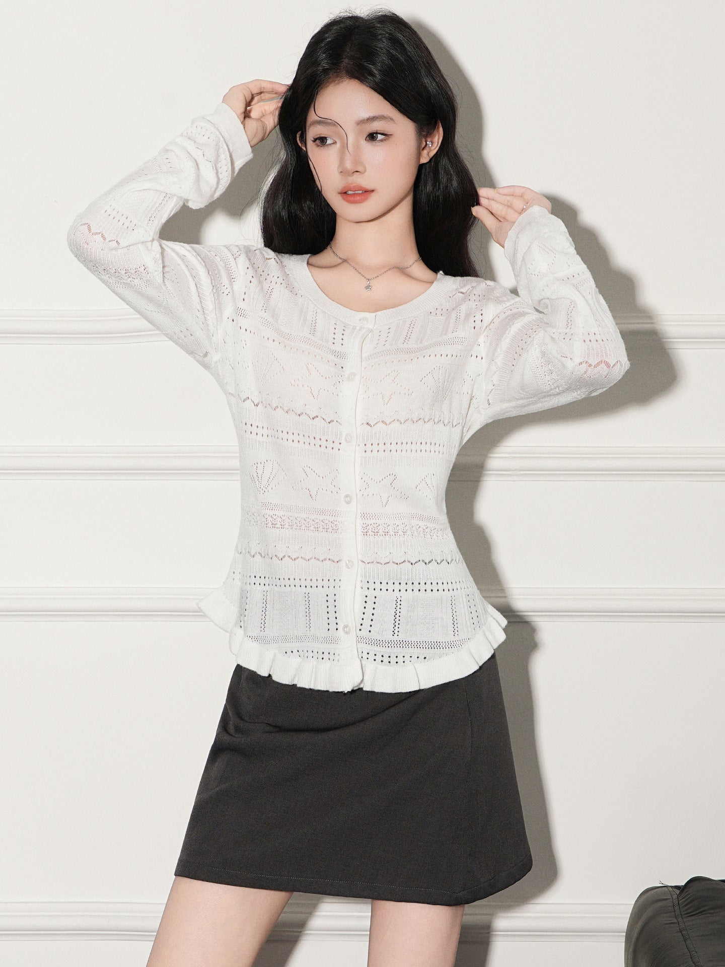 Hollow-out Design Long Sleeve Knit Cardigan