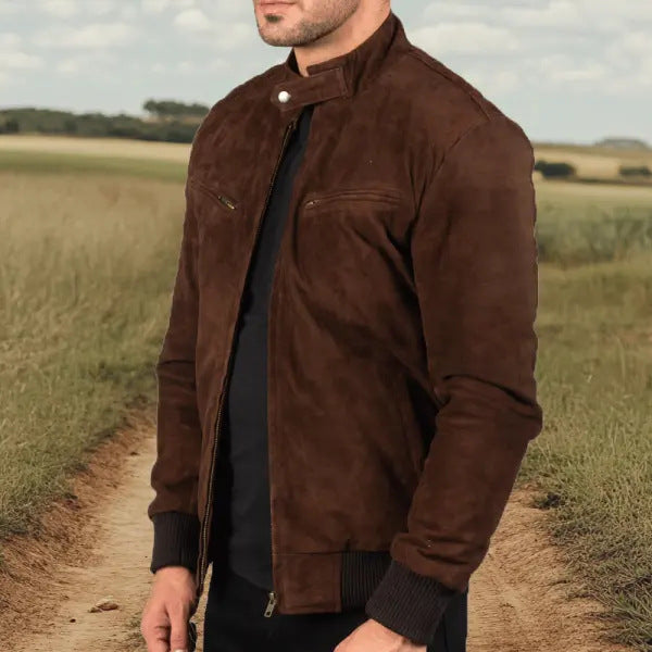 Vintage Zipper Suede Jacket Mature Men's Coat
