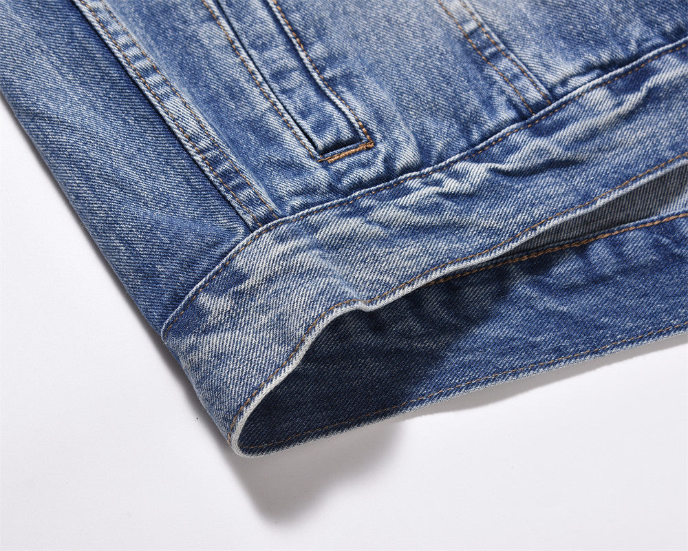 Spring And Autumn Denim Jacket Men's Washed Wear-White Ripped