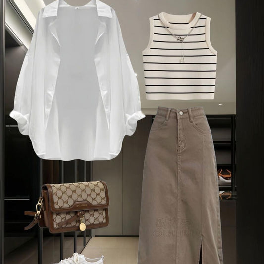 Strap Top Denim Skirt And Three-piece Set