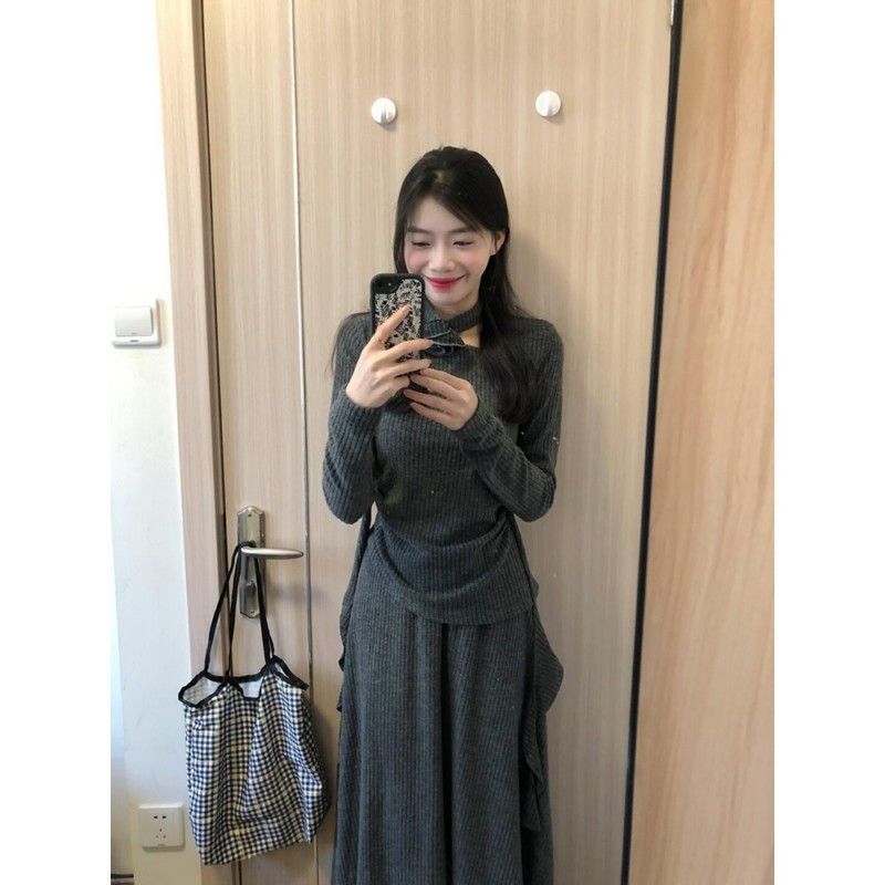 Lady's High-end Irregular Knit Top And Skirt Set