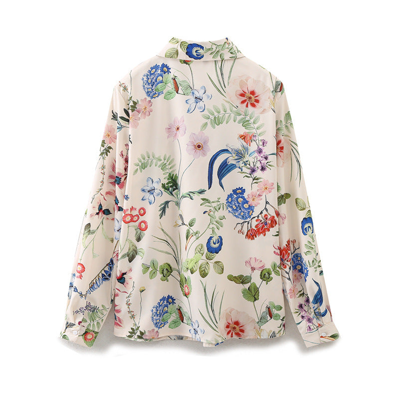 Kvinders Casual Hipster Skjorte i Satin med Blomsterprint