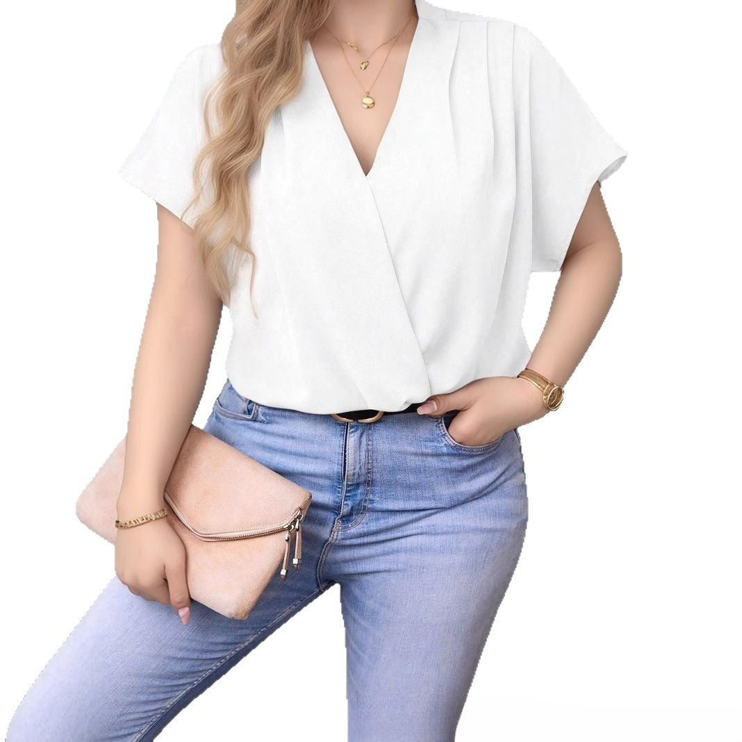 Solid Color V-neck Shirt Casual Short Sleeve Loose T-shirt